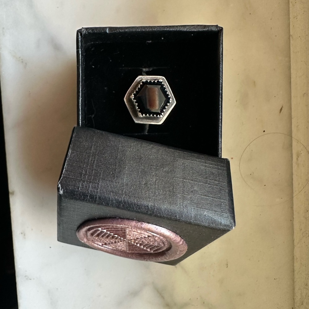 Silver Ring with Obsidian Hex Stone by Dark North Size 7 - Picture 2 of 2